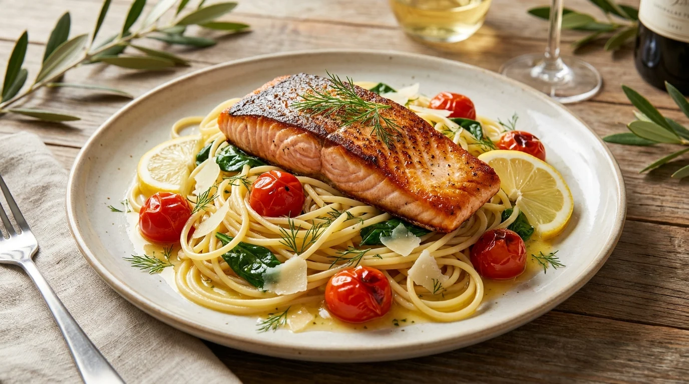 Summer Salmon Spaghetti Recipe with Garden Veggies