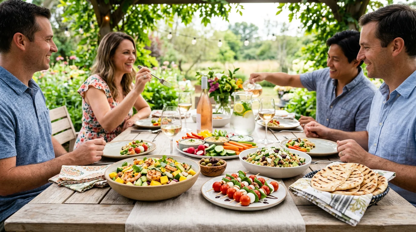 Four friends dining outdoors at a table with various fresh dishes and wine