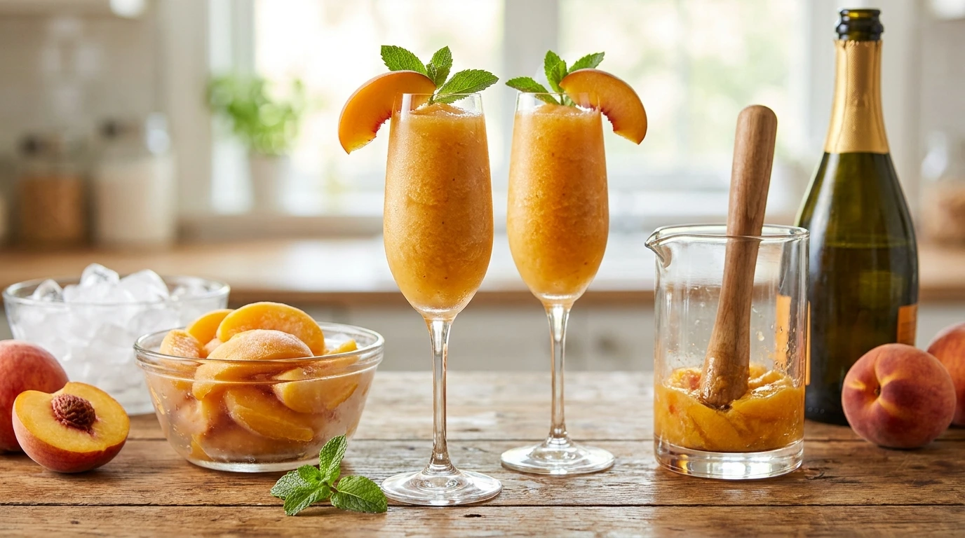 easy frozen peach bellini recipe no blender option featured